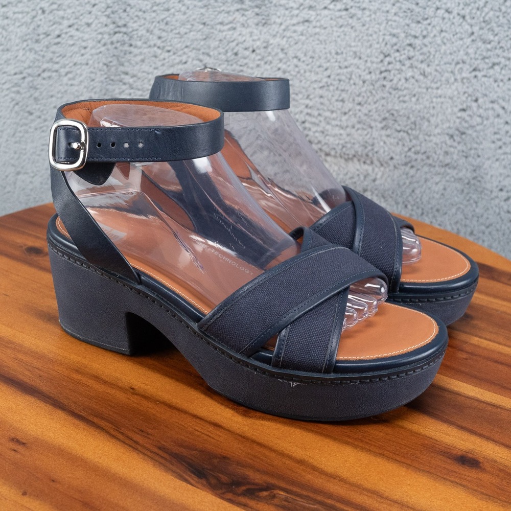 FitFlop Womens Pilar Crossover Platform Sandals 9 Blue Leather Block Heel